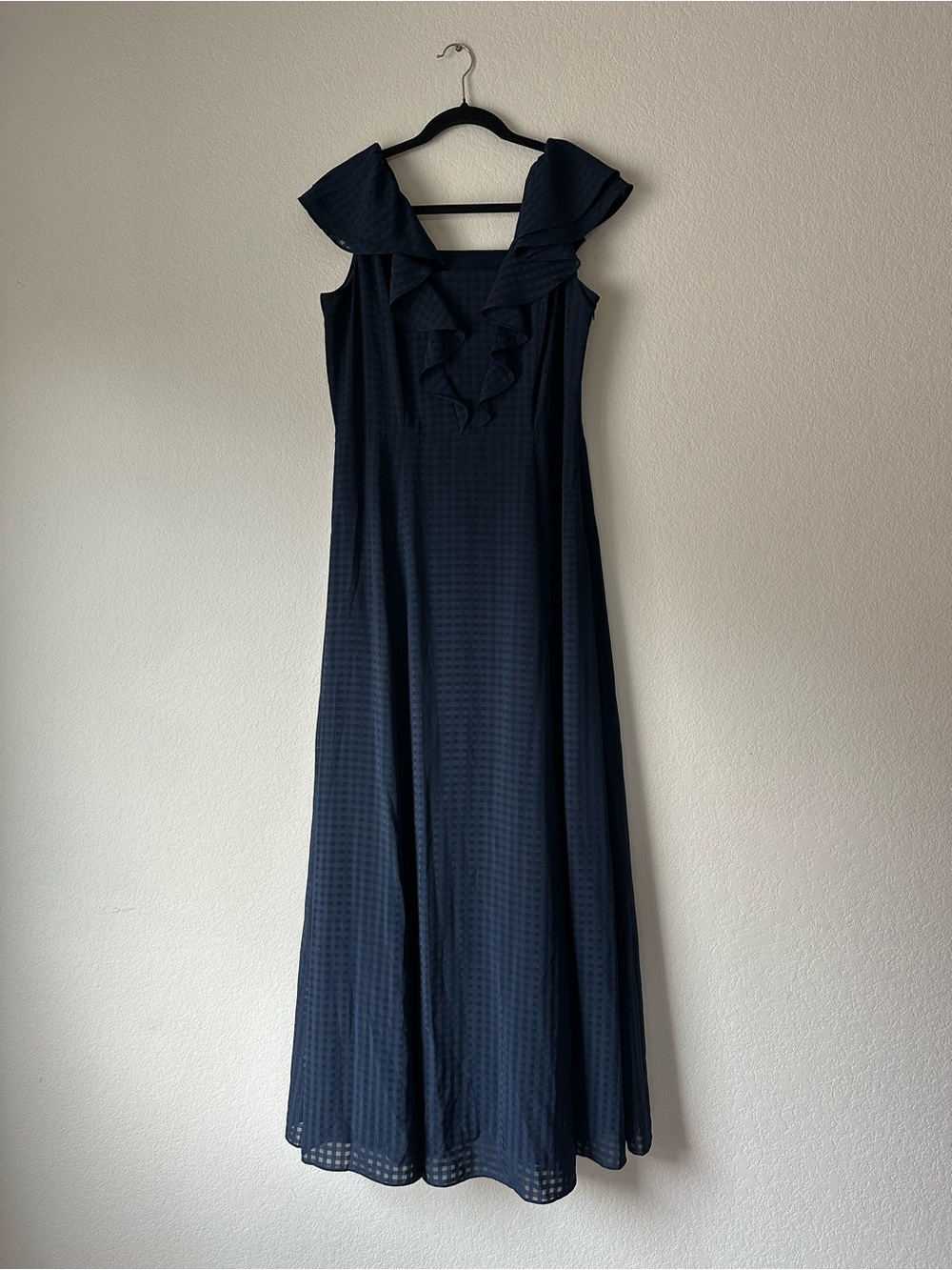 Donna Kara Navy Check Gingham Ruffle Collar Maxi Cocktail Dress - Women’s 12